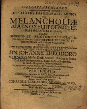 Disputatio Inauguralis Medica De Melancholiae Diagnōsei, Prognōsei, Kai Therapeia in genere
