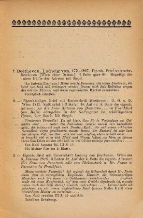 Katalog einer werthvollen Sammlung von Autographen und Urkunden aus d. Nachlasse d. Schoeffen u. Senators Franz Brentano u. seiner Gemahlin Antonia Brentano geb. Edlen v. Birkenstock : Öffentl. Versteigerung ... 9. April 1896 ...
