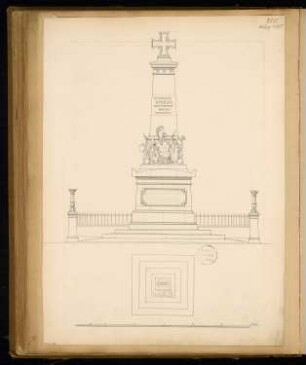Gefallenendenkmal, Stendal Monatskonkurrenz März 1875: Grundriss, Aufriss Vorderansicht; Maßstabsleiste