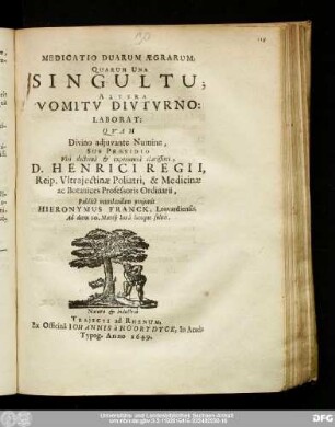 Medicatio Duarum Ægrarum, Quarum Una Singultu; Altera Vomitu Diuturno: Laborat