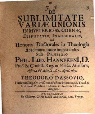 De Sublimitate Variae Unionis In Mysterio SS. Coenae, Disputatio Inauguralis