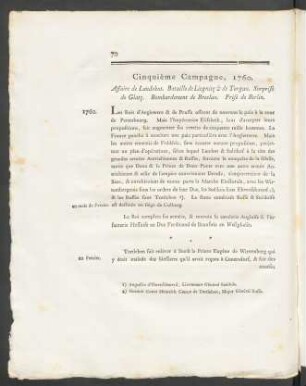 Cinquième Campagne, 1760. Affaire de Landshut. Bataille de Liegnitz & de Torgau. Surprise de Glatz. Bombardement de Breslau. Prise de Berlin.