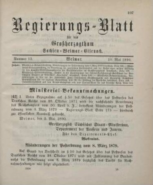 42. Ministerial-Bekanntmachung, die Abänderungen der Postordnung vom 8. März 1879 betreffend