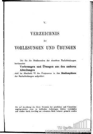 V. Verzeichnis der Vorlesungen und Übungen