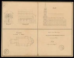 Dorfkirche Monatskonkurrenz September 1832: Grundriss Erdgeschoss, Aufriss Längsansicht, Längsschnitt, Querschnitt (Blick zum Altar); Maßstabsleiste