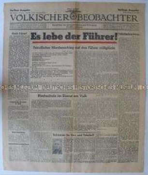 Titelblatt der Tageszeitung "Völkischer Beobachter" zum Attentat auf Hitler
