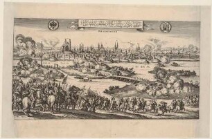 Stadtansicht von Magdeburg über die Elbe während der Belagerung im 30jährigen Krieg 1631 durch das kaiserliche Heer, im Vordergrund berittene und Fußtruppen, dazu Wappen und Legende, aus Merians Chronik Theatrum Europaeum