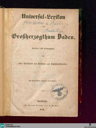 [Text]: Universal-Lexikon vom Großherzogthum Baden : mit 14 Stahlstichen, 8 Pl. und 5 Tab.