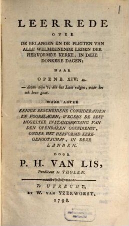 Leerrede over de belangen en de pligten van alle welmeenende leden der hervormde kerke, in deze donkere dagen