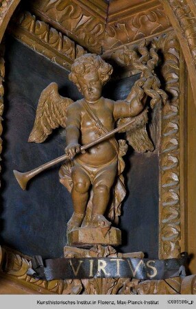 Putti als Allegorien der vier Elemente : Putto mit Fanfare und Blitzbündel
