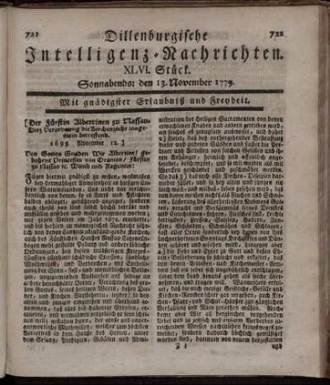 XLVI. Stück. Sonnabends: den 13. November 1779.