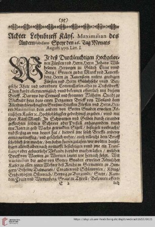 Achter Lehnbrieff Käys. Maximilian deß andern