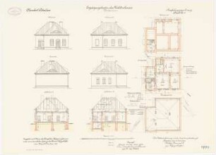Kadettenhaus der Garnison Potsdam Ergänzungsbauten: Pförtnerhaus: Grundriss Keller, Erdgeschoss, Dachgeschoss, Aufriss Nordansicht, Südansicht, Ostansicht, Westansicht, Längsschnitt, Querschnitt 1:100