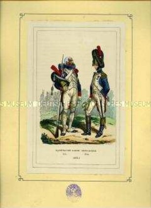 Uniformdarstellung, Gemeiner und Offizier des Grenadier-Regiments der Kaiserlichen Garde, Frankreich, 1813. Tafel 45 aus: Bellangé: Die Soldaten der französischen Republik und des Kaiserreichs.