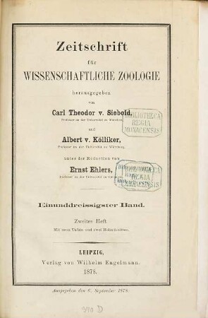 Zeitschrift für wissenschaftliche Zoologie. 31,[2] = Tafeln. 1878