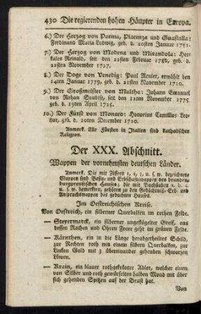 Der XXX. Abschnitt. Wappen der vornehmsten deutschen Länder.