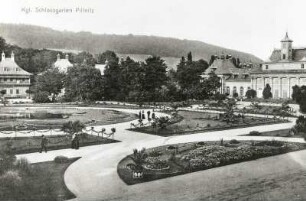 Dresden-Pillnitz, Schloss Pillnitz. Lustgarten (19. Jahrhundert). Blick nach Nordosten gegen Neues Palais