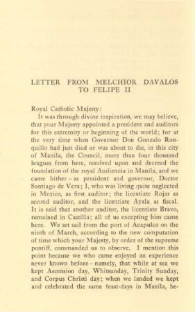 Letter from Melchior Davalos to Felipe II