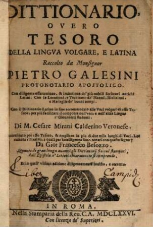 Dittionario overo tesoro della lingua volgare e latina : con el dittionario latino di C. M. Calderino accresc. da Gio. Franc. Besozzo