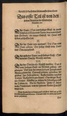 Das erste Teil ist von den hohen Artickeln der Göttlichen Mayestet ...