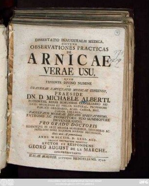 Dissertatio Inauguralis Medica, Sistens Observationes Practicas De Arnicae Verae Usu