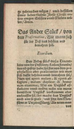 Das Ander Stück/ von dem Praeservativo, Wie mann sich für der Pestilentz behüten und bewahren soll.
