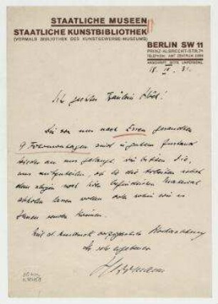 Brief von Wolfgang Herrmann an Hannah Höch.. Briefkopf: "Staatliche Museen / Staatliche Kunstbibliothek (vormals Bibliothek des Kunstgewerbe-Museums)". Berlin