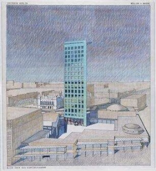 Gutachten Victoria City Areal, 1. Phase (nicht realisiert), 1. Preisgruppe – Perspektivansicht vom Kurfürstendamm. Berlin-Charlottenburg, Kranzler-Eck/Kurfürstendamm/Joachimsthaler Straße/Kantstraße