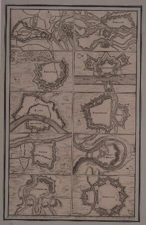 Festungspläne von Rheinberg, Köln, Bonn, Koblenz, Mainz, Frankenthal, Landau, Philippsburg, Mannheim, Fort Louis, Straßburg, Breisach, Freiburg, Huningue, Basel, Maastricht, Trier, Mont Royal, Luxemburg, Saarlouis, Kupferstiche, um 1680 : Rhynberk : cum Privil. Ord. General Belgii Foederati. - [Versch. Maßst.] - Amstelodami : Nicolaus Visscher , [um 1680]. - 20 Pläne auf 2 Bl. : Kupferstich ; je 28 x 45 cm Enth. Fortifikationspl. von: Cöln, Bonn, Coblentz, Mayntz, Frankendal, Landaw, Philipsburg, Manheim, Fort Louis, Strasburg, Brisach, Freiburg, Huningen, Basel, Maastricht, Trier, Mont Royal, Luxemburg, Sarlouis. - W oben. - Titel in d. Mitte