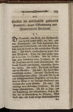 XVI. Eitelkeit der philosophisch genannten Einwürfe, gegen Offenbarung und Wunderwerke überhaupt.