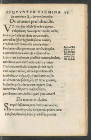 Sequuntur Carmina De venenis ex Q. Sereno Samonico.