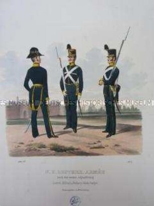 Uniformdarstellung, Offizier, Unteroffizier und Gemeiner des Lombardischen Militär-Polizei-Wach-Korps, Österreich, 1840. Tafel aus: Trentsensky: K.K. Oesterreichische Armée nach der neuen Adjustirung.
