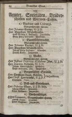 VII. Aemter, Societäten, Brüderschaften und Wittwen-Cassen