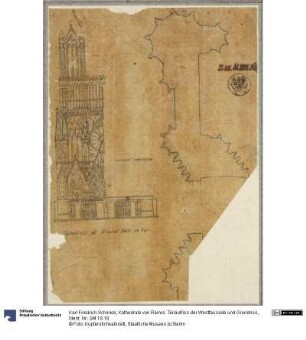 Kathedrale von Reims. Teilaufriss der Westfassade und Grundriss