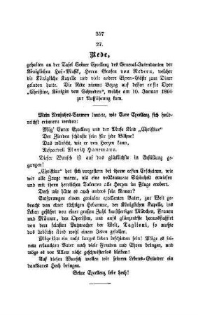 27. Rede, gehalten an der Tafel Seiner Excellenz des General-Intendanten Grafen von Redern
