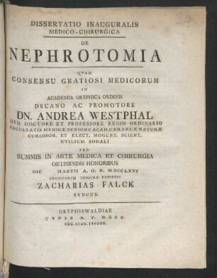 Dissertatio Inauguralis Medico-Chirurgica De Nephrotomia