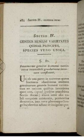 Sectio IV. Generis Humani Varietates Quinae Principes, Species Vero Unica. §. 80. [bis] §. 90.