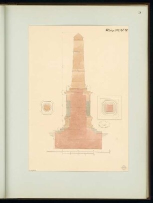 Gefallenendenkmal, Jauer Monatskonkurrenz März 1877: 2 Grundrisse, Querschnitt; 2 Maßstabsleisten