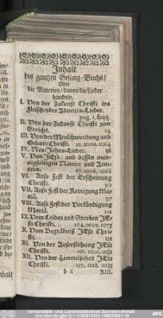 Inhalt des gantzen Gesang-Buches, Oder die Materien, davon die Lieder handeln.
