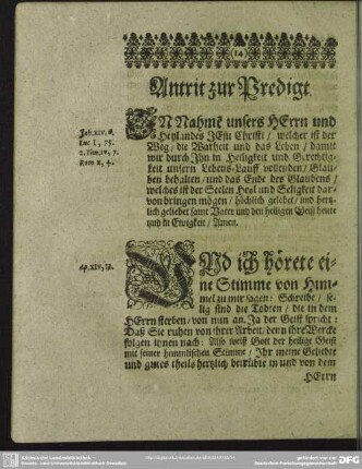 Leichenpredigt : Christliche Leichen-Predigt, Antrit zur Predigt, Textus, Vorbereitung zur Leichen-Predigt, Abhandlung, Heilsamer Gebrauch dieser Erklärung