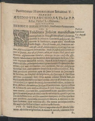 Positionum Historicarum Senarius V. Praeside Aegidio Strauchio, ... Respondente Henrico Burmeistero ...