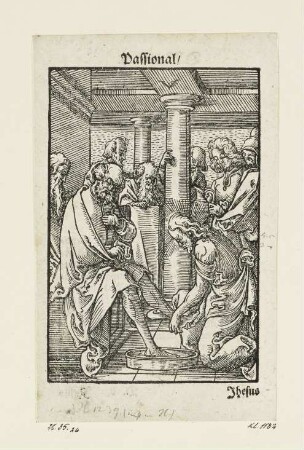 Fußwaschung, aus: "Passio unsers Herren Jhesu Christi", Nürnberg 1553, S. D5 verso