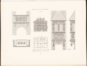 Gemeindeschule in der Grenzstraße, Berlin: Grundriss, Ansicht, Details Lehrerwohnhaus (aus: Neubauten der Stadt Berlin, Bd. I, 1902)