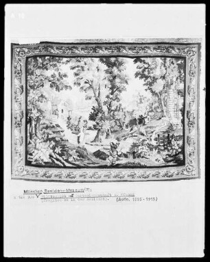 Bildteppich mit Gartenlandschaft und Pfauen