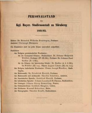 Jahresbericht der Königlichen Studienanstalt zu Nürnberg. 1864/65