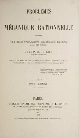 T. 1: Problèmes de mécanique rationnelle. Tome Premier