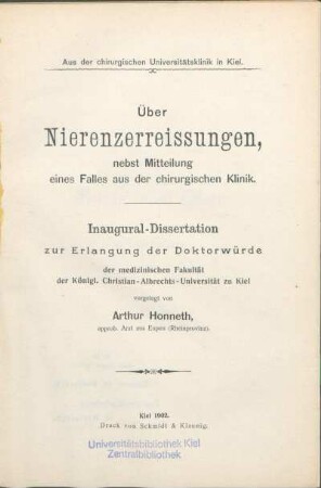 Über Nierenzerreissungen, nebst Mitteilung eines Falles aus der chirurgischen Klinik