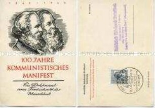Erinnerungspostkarte mit Sonderstempel zum 100. Jahrestag des Kommunistischen Manifests
