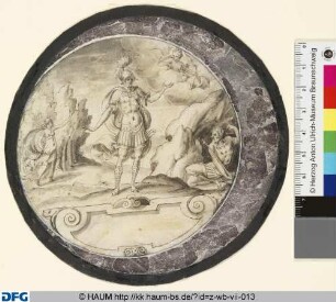 Geschichte des Aktäon, Rundbilder mit silberner Halbmondfassung und Schrifttafeln