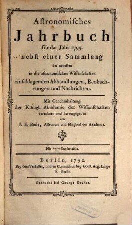 Astronomisches Jahrbuch. 1795 (1792)